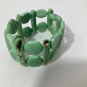 Tagua Nut‎ Bracelet Stretch Plank Hexagon Pattern Green Brown 1.5" x 9" round